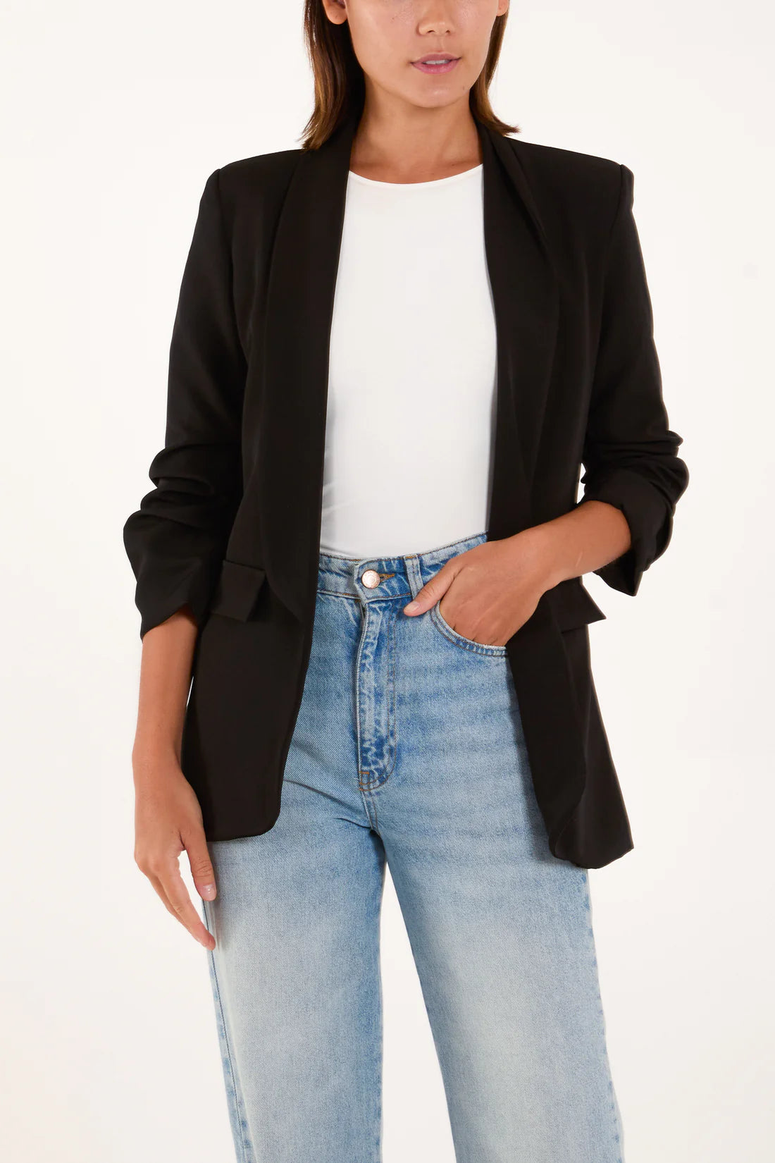 Viv Ruched Sleeve Black Blazer