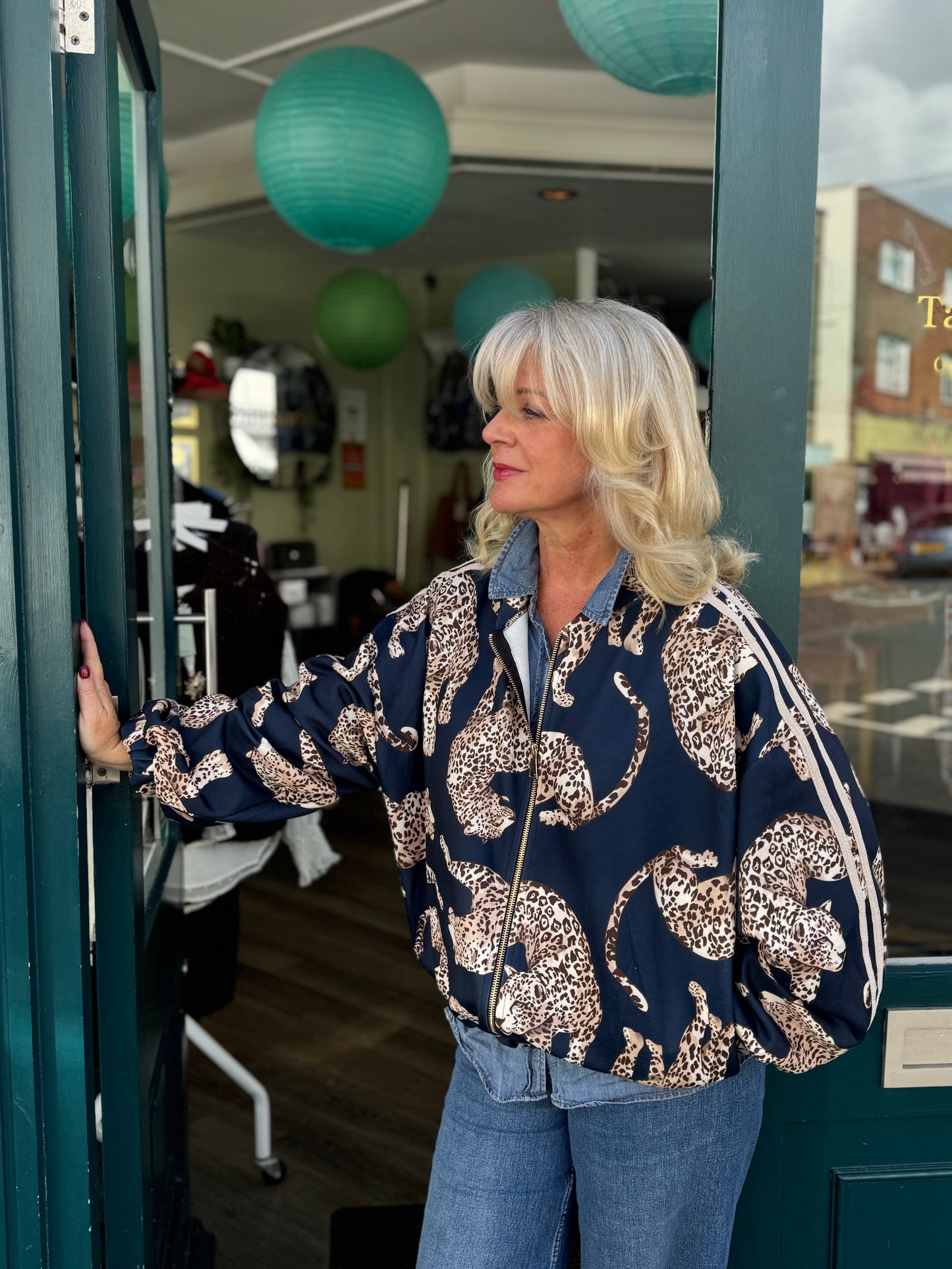 Sonia Leopard Bomber Jacket With Stripe Trim