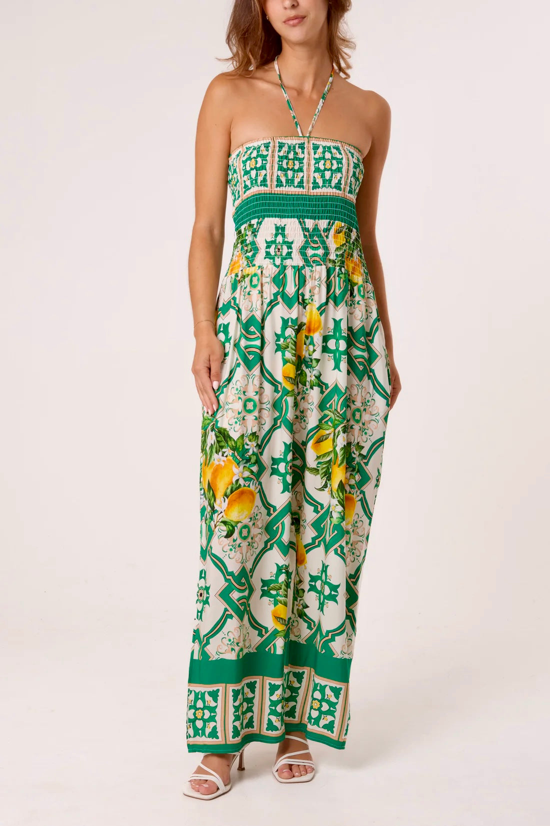 Limoncello Lemon Print Shirred Bandeau Jumpsuit - Navy, Lapis Blue, Black Or Green