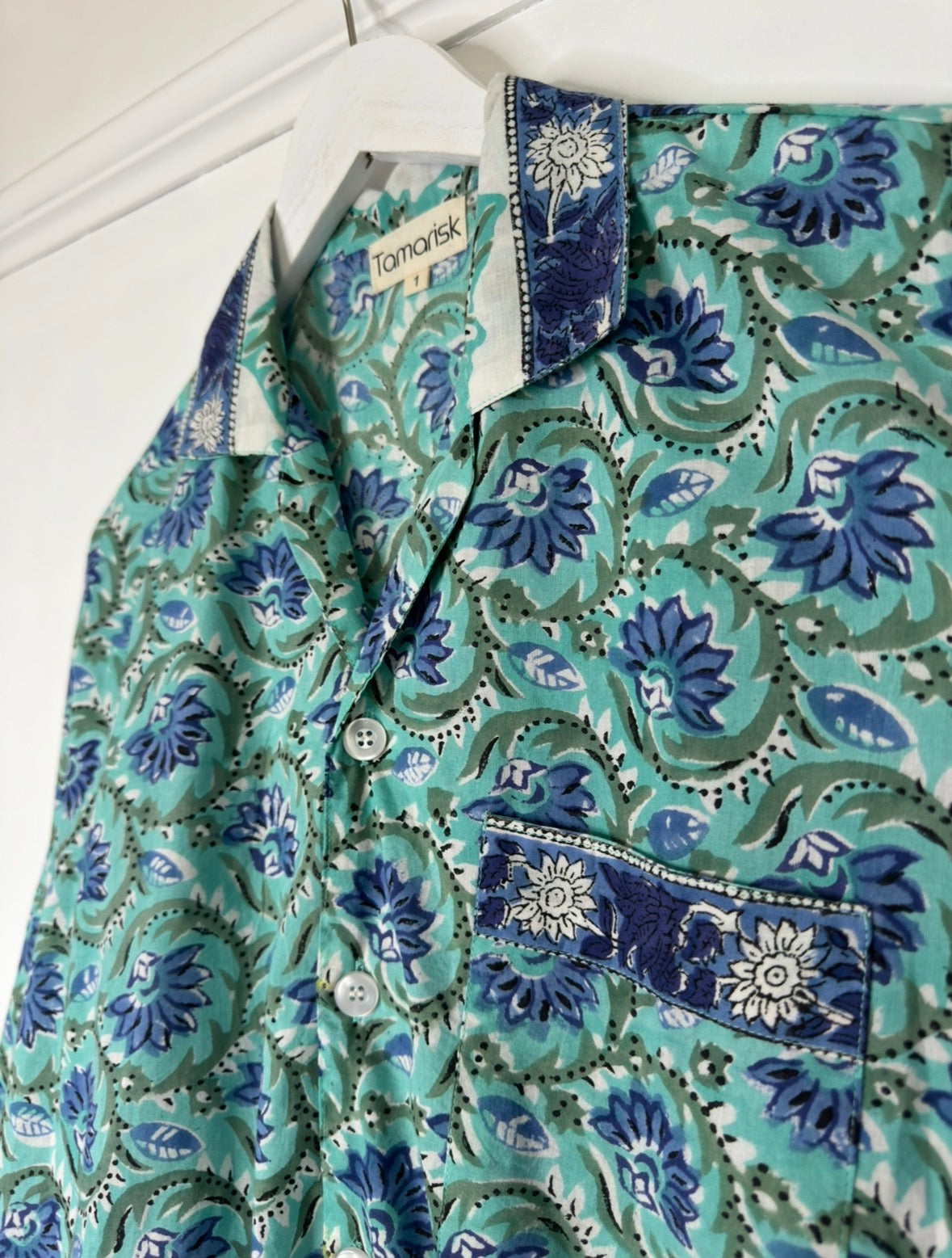 Tamarisk Bazaar Luxury Hand Printed Indian Cotton Pyjamas - Blue & Green Floral