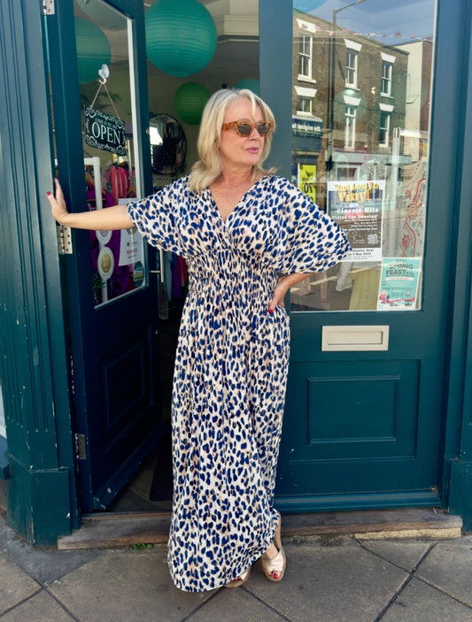 Becky Slinky Leopard Print Angel Sleeve Maxi Dress - Neutral Or Blue