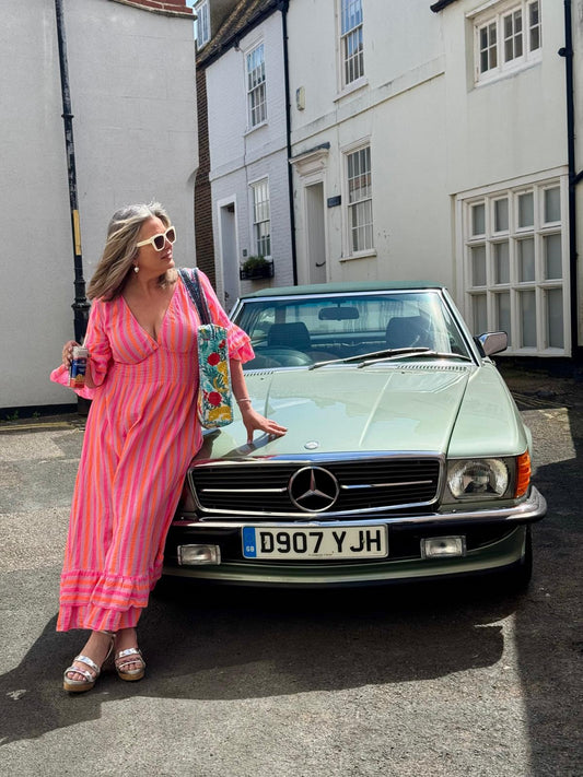 Tia Neon Pink & Orange Striped Shirred Waist Maxi Dress