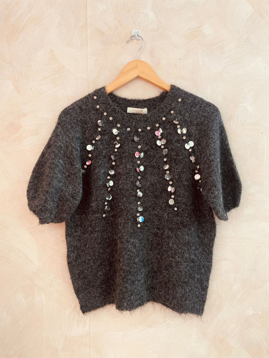 Amelie Sequin & Bead Embellished Short Sleeved Fluffy Grey Marl Jumper