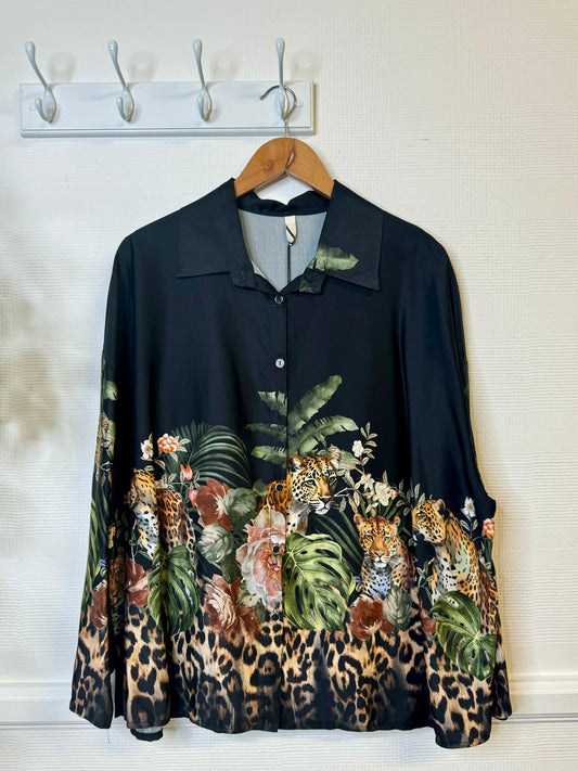 Virginia Leopard & Floral Print Satin Shirt - Chocolate Brown/Multi Or Black/Multi