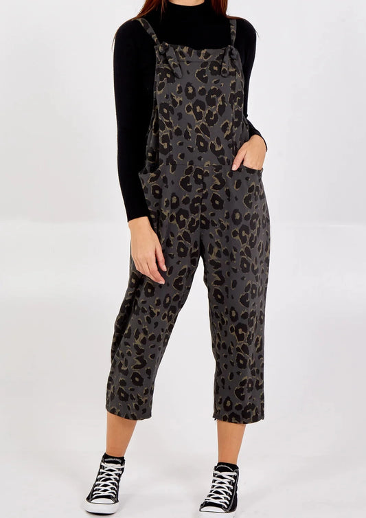 Debs Leopard Print Jersey Dungarees - Charcoal