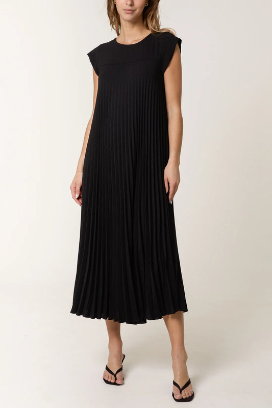 Amelia Cap Sleeve Loose Dress - Sunray Pleated Midaxi Dress - Black, Hot Pink, Royal Blue