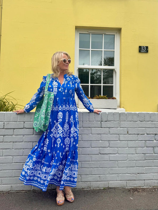 Tamsin Cotton Lawn Tiered Loose Maxi Dress - Cobalt Blue & White Paisley