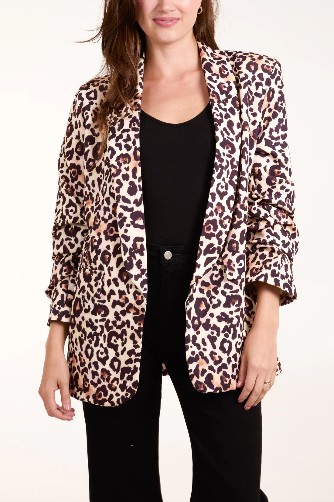 Jan Ruched Sleeve Leopard Print Blazer