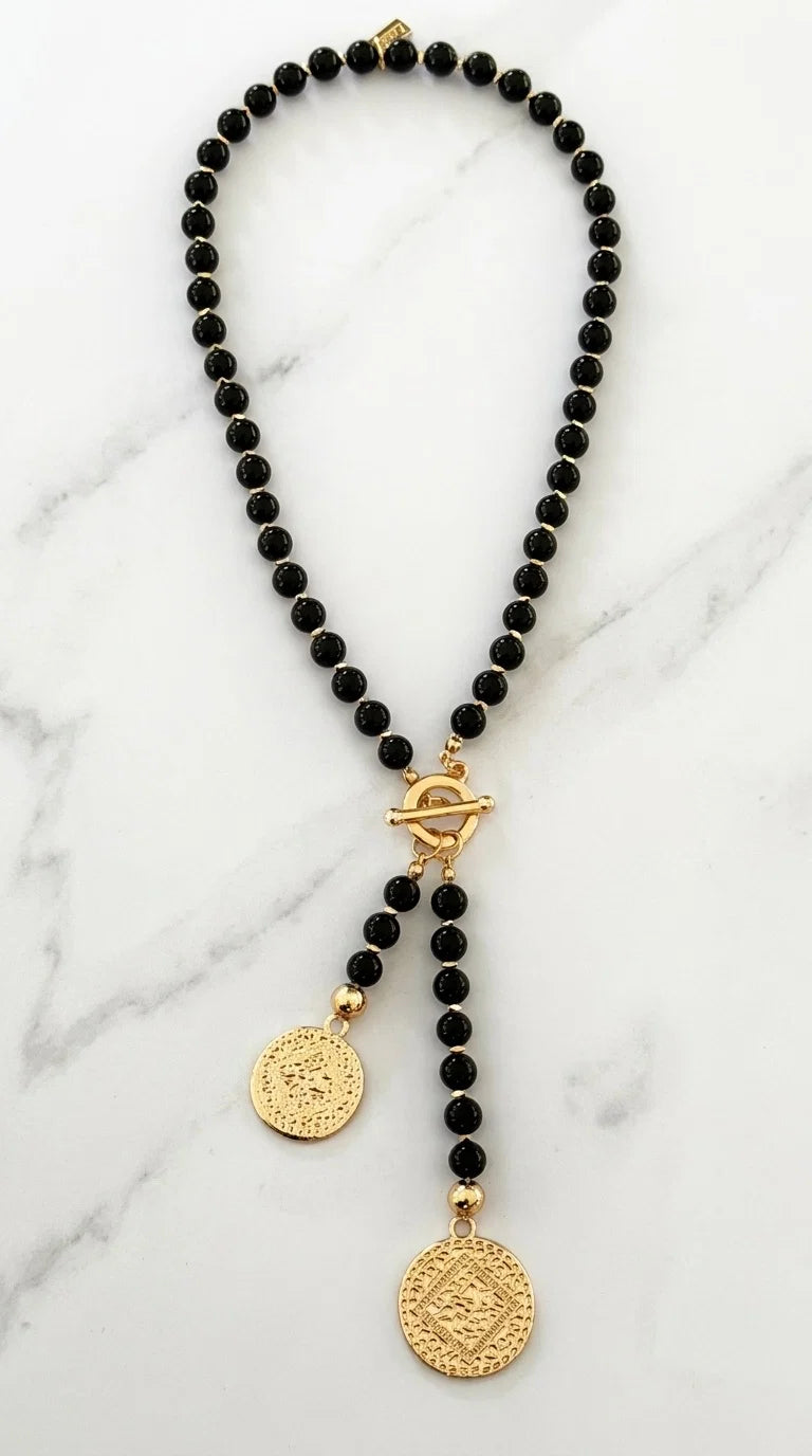 Envy Jewellery Black Bead & Gold Coin T Bar Necklace