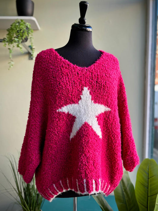 Martina Slouchy Boucle Star Jumper With Blanket Stitch Trim - 3 Colours