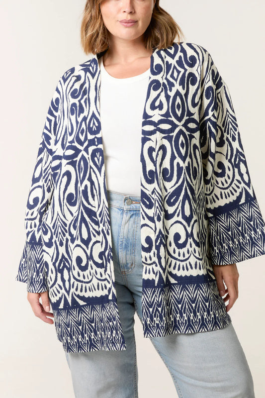 Tamarisk Curve Navy & Ivory Ikat Print Short Kimono