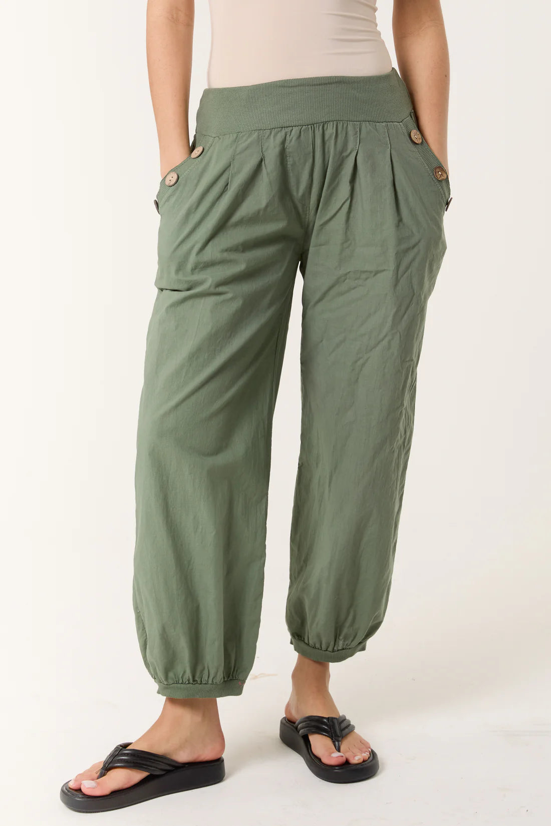 Ava Wooden Button Trim Fine Cotton Harem Trousers With Pockets