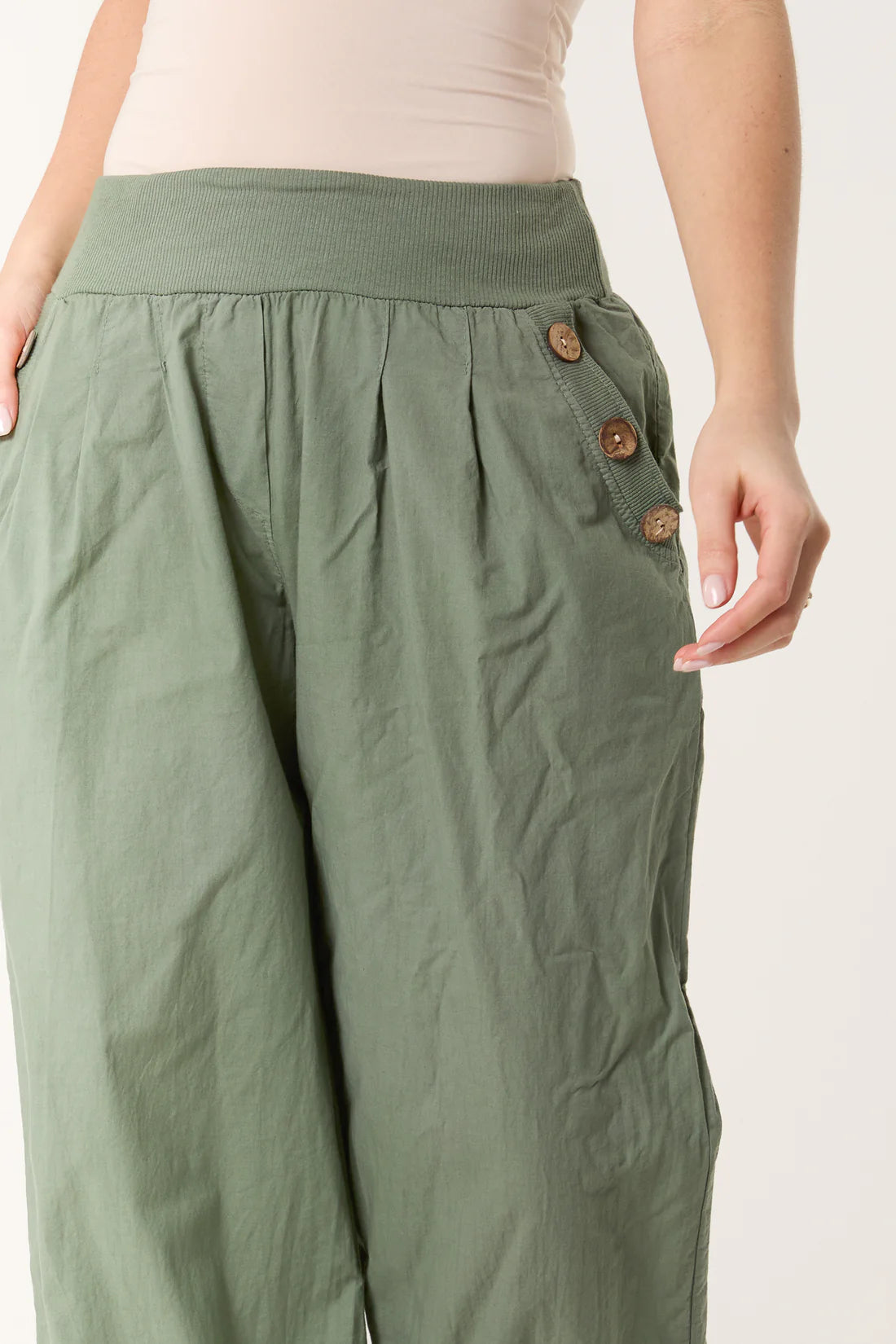 Ava Wooden Button Trim Fine Cotton Harem Trousers With Pockets