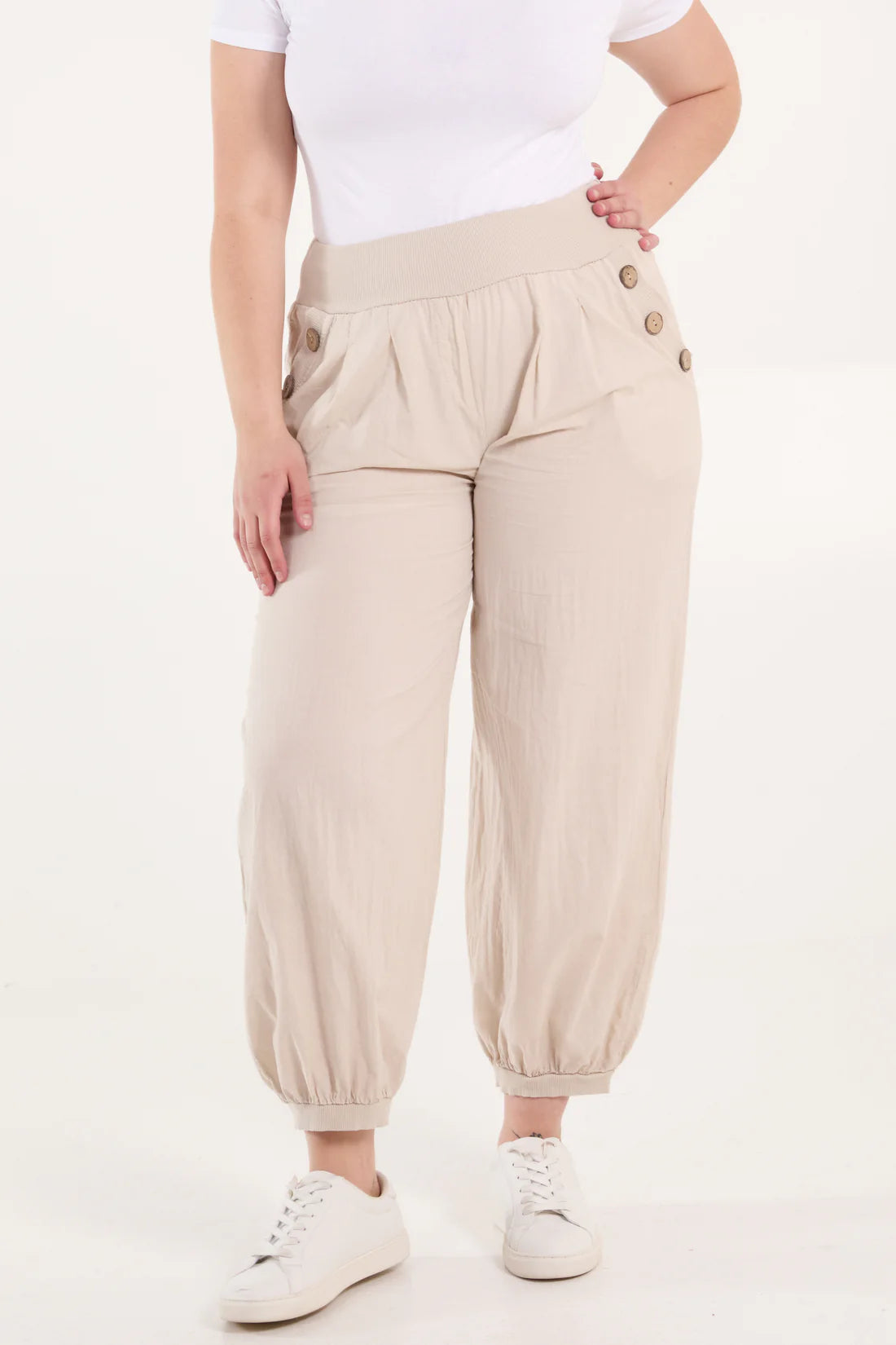 Ava Wooden Button Trim Fine Cotton Harem Trousers With Pockets