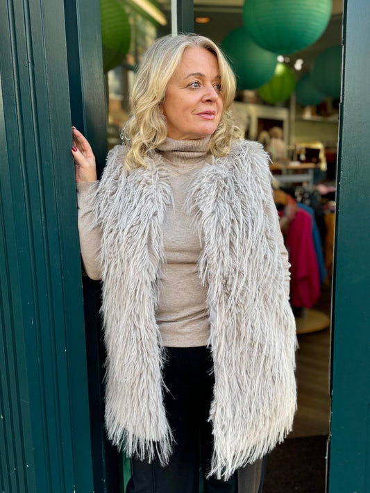 Shake A Tail Feather Shaggy Faux Fur Gilet - Deep Teal Or Soft Grey