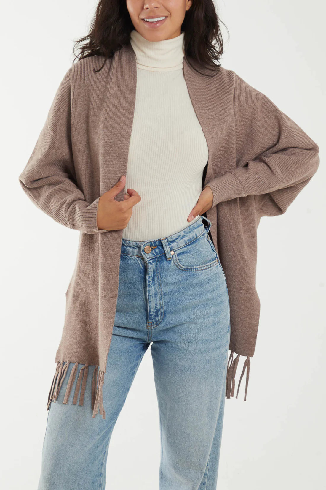 Sophie Longline Fringe Trim Taupe Cardigan