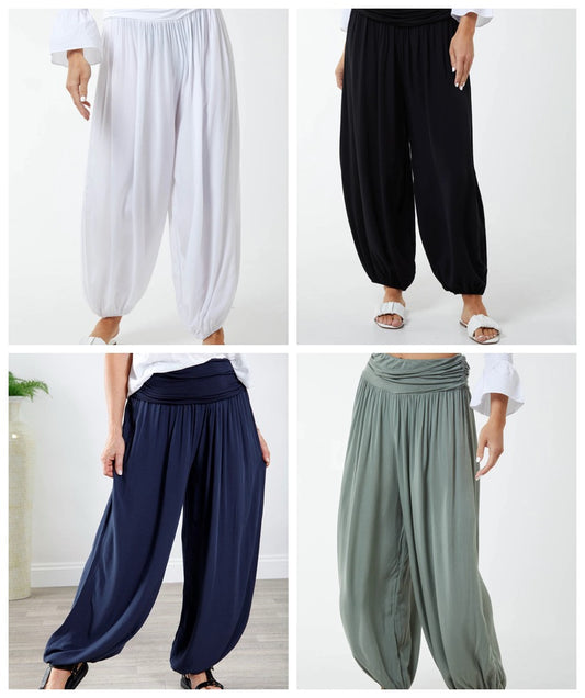 Jemima Plain Floaty Harem Pants With Jersey Waistband - Black, Navy, White, Khaki