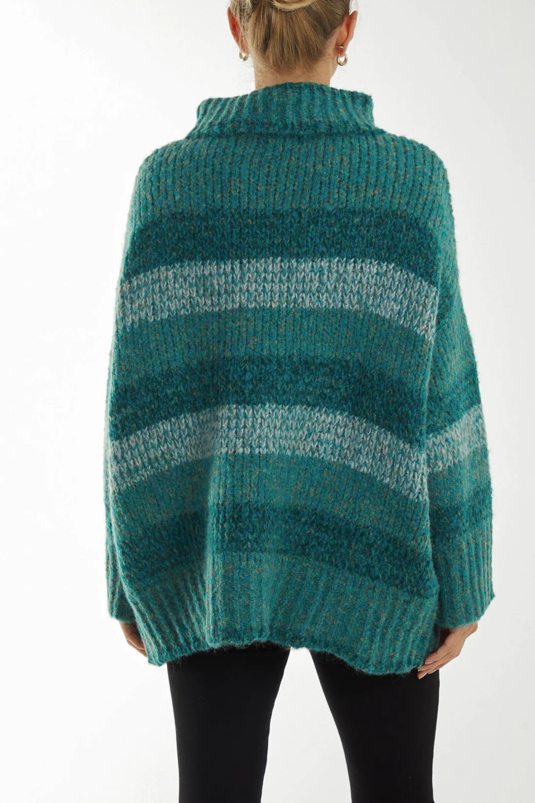 Martha Chunky Knit Roll Neck Striped Jumper - Teal & Sea Green
