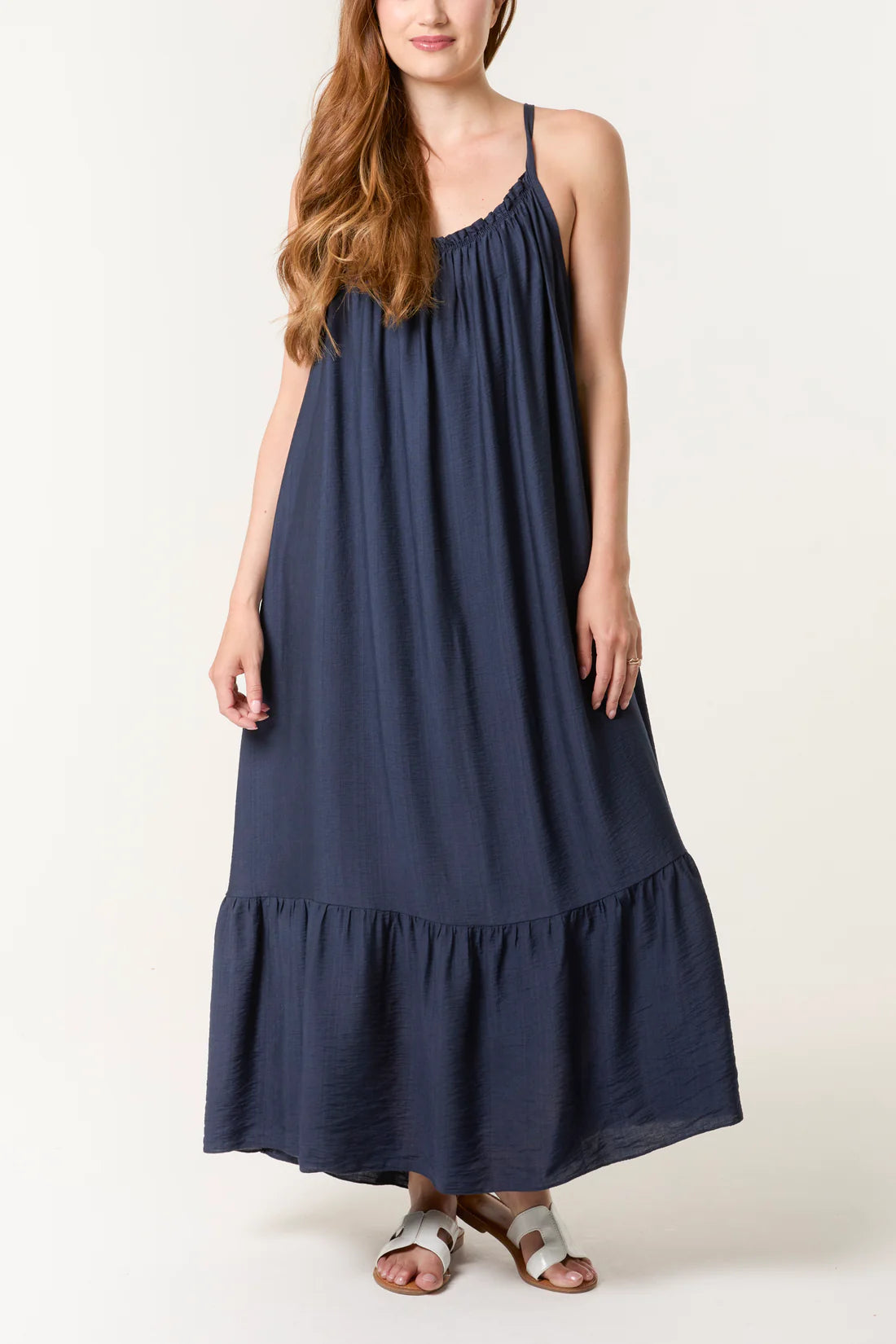 Rachel Shoestring Strap Tiered Sundress - Pink, Navy, Royal Blue