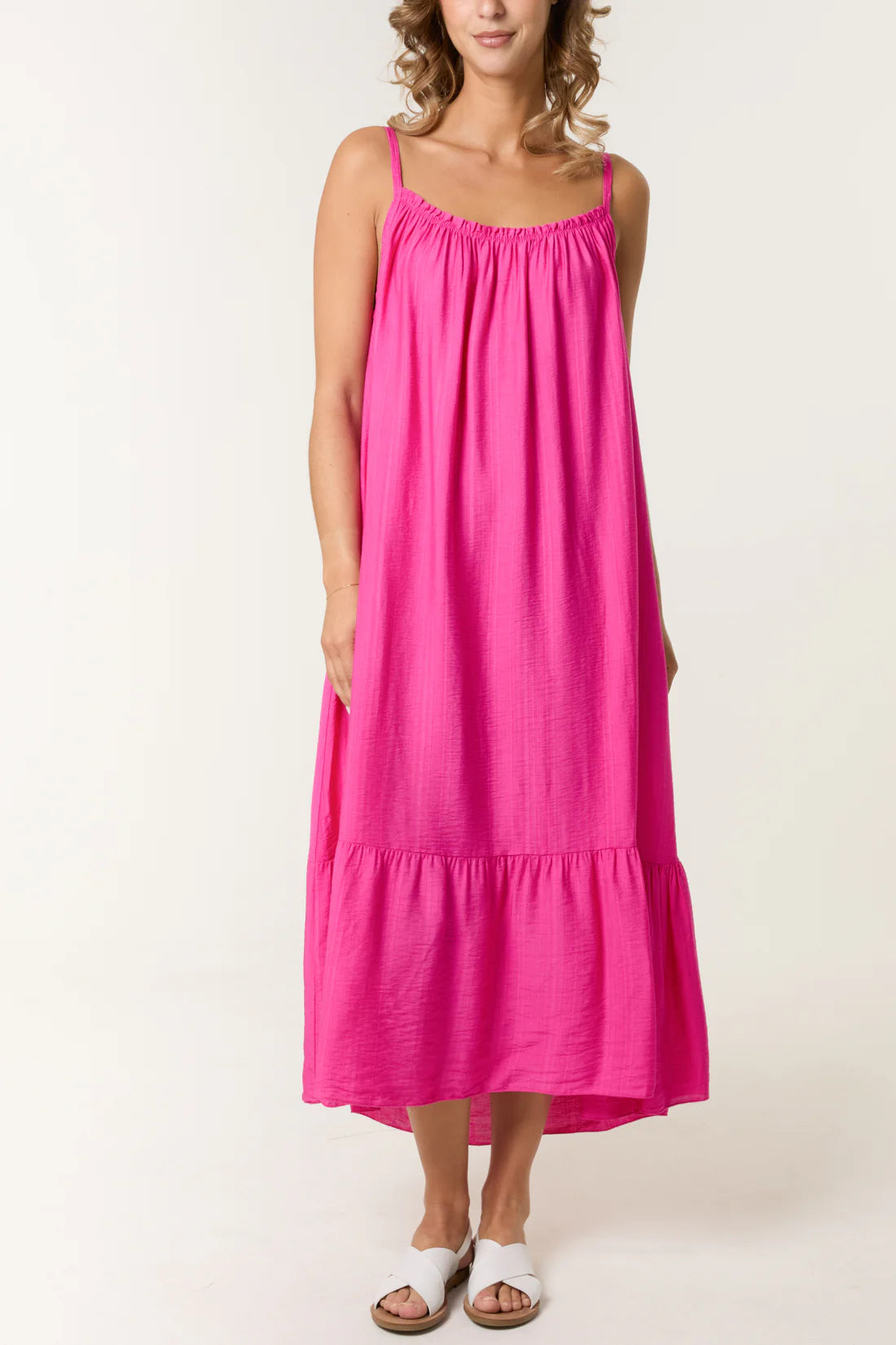 Rachel Shoestring Strap Tiered Sundress - Pink, Navy, Royal Blue