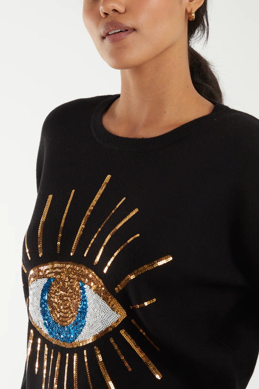 Cleo Sequin Eye Motif Jumper - Black & Gold