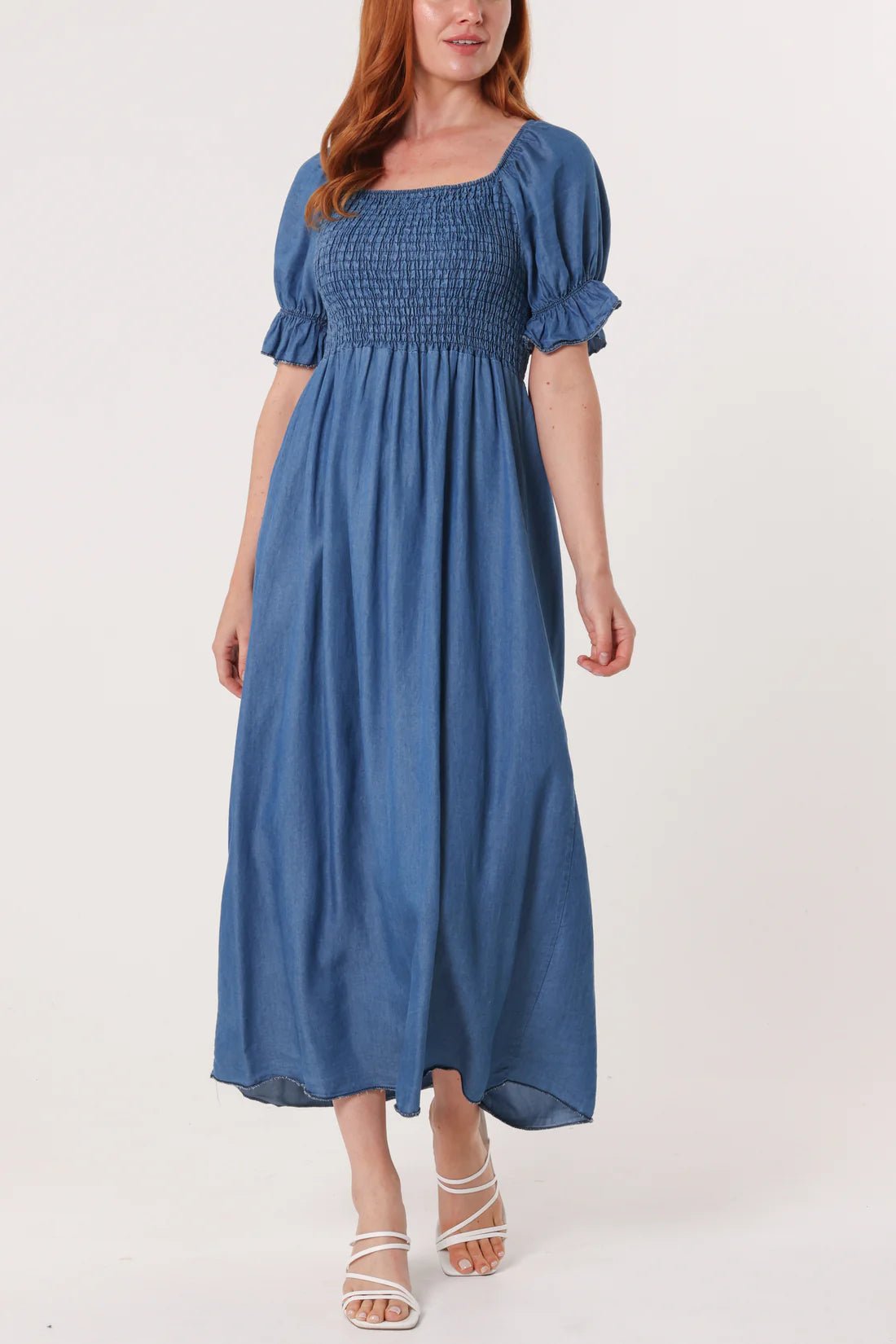 Lucy Chambray Tencel Denim Shirred Bodice Puff Sleeve Midi Dress