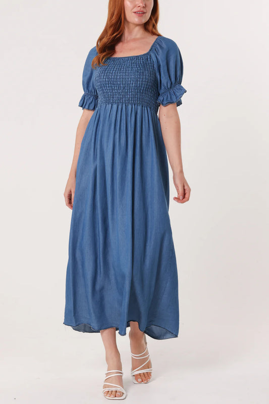 Lucy Chambray Tencel Denim Shirred Bodice Puff Sleeve Midi Dress
