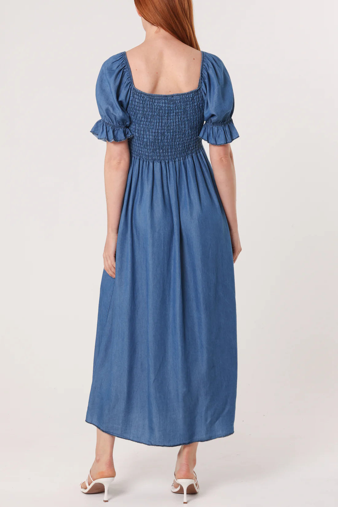 Lucy Chambray Tencel Denim Shirred Bodice Puff Sleeve Midi Dress