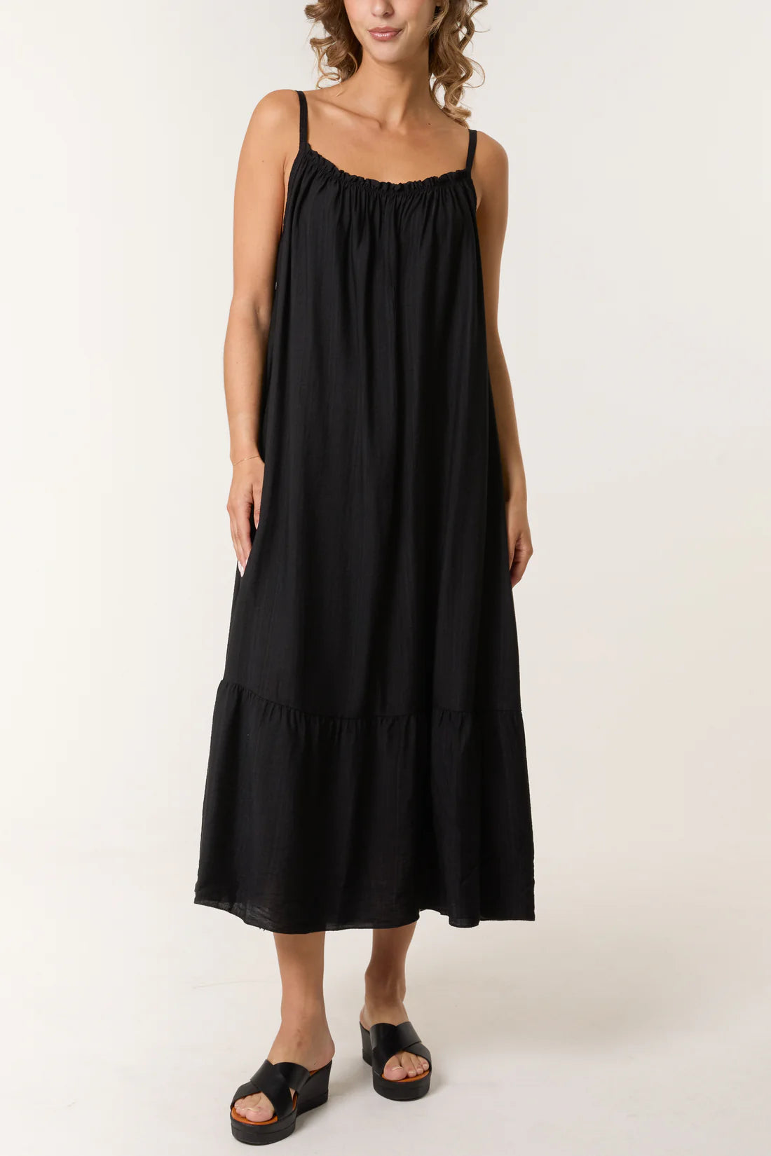 Rachel Shoestring Strap Tiered Sundress - Pink, Navy, Royal Blue