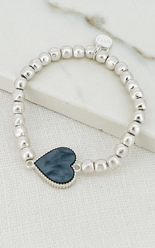 Envy Jewellery Silver Toned Beaded Stretch Bracelet With Grey Heart