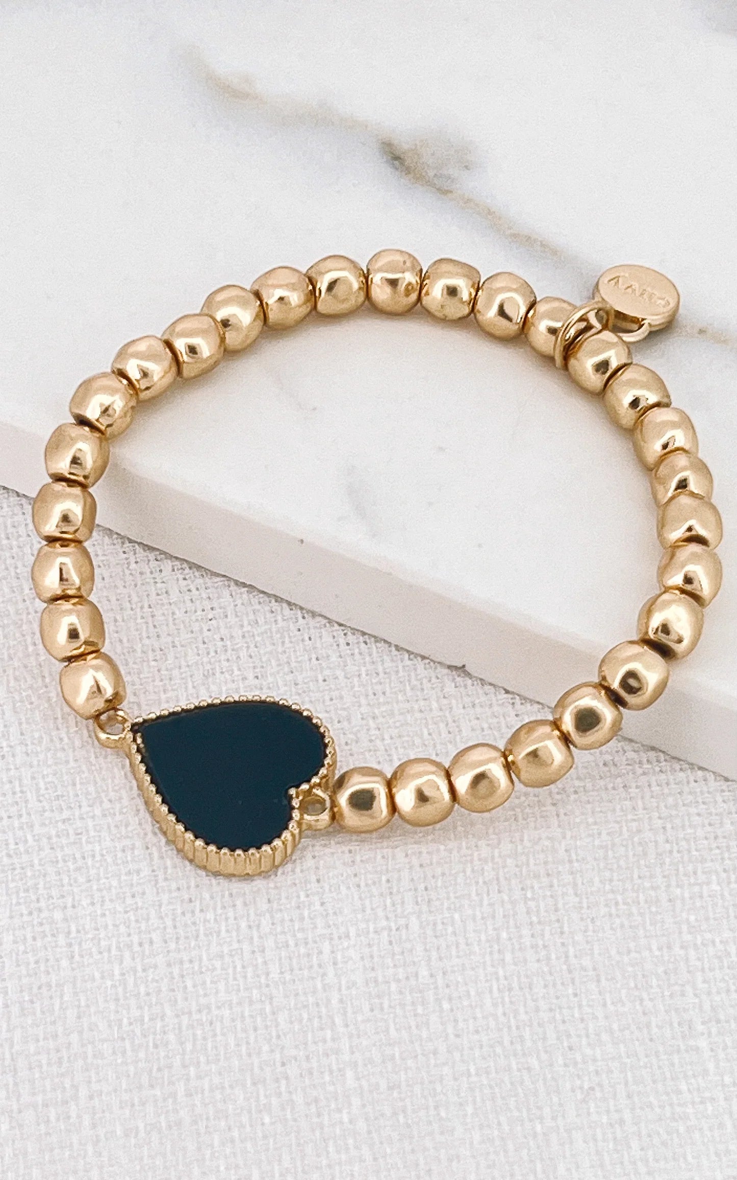 Envy Jewellery Gold Toned Beaded Stretch Bracelet With Black Heart
