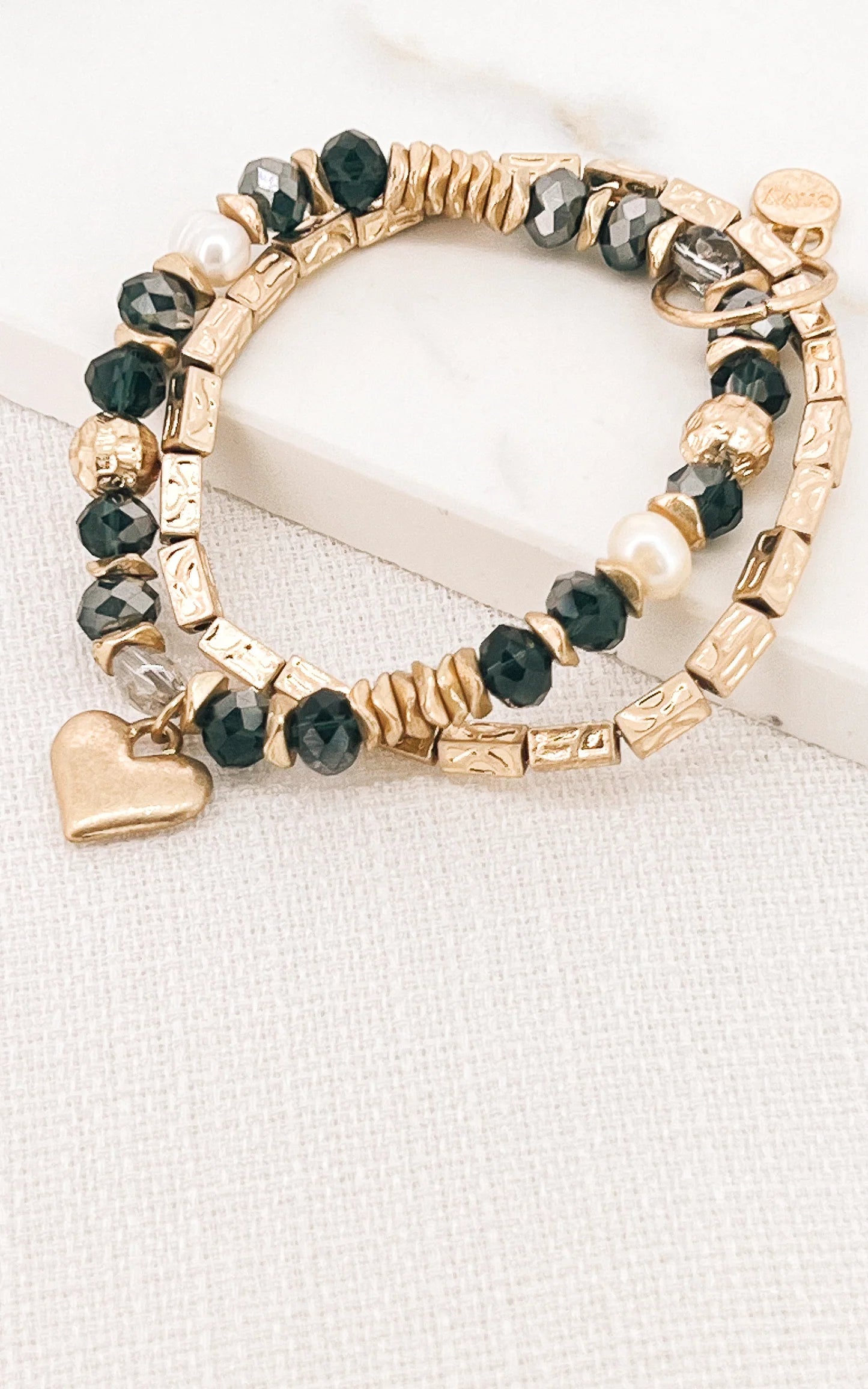 Envy Jewellery Gold and black double layer stretch bracelet with heart pendant