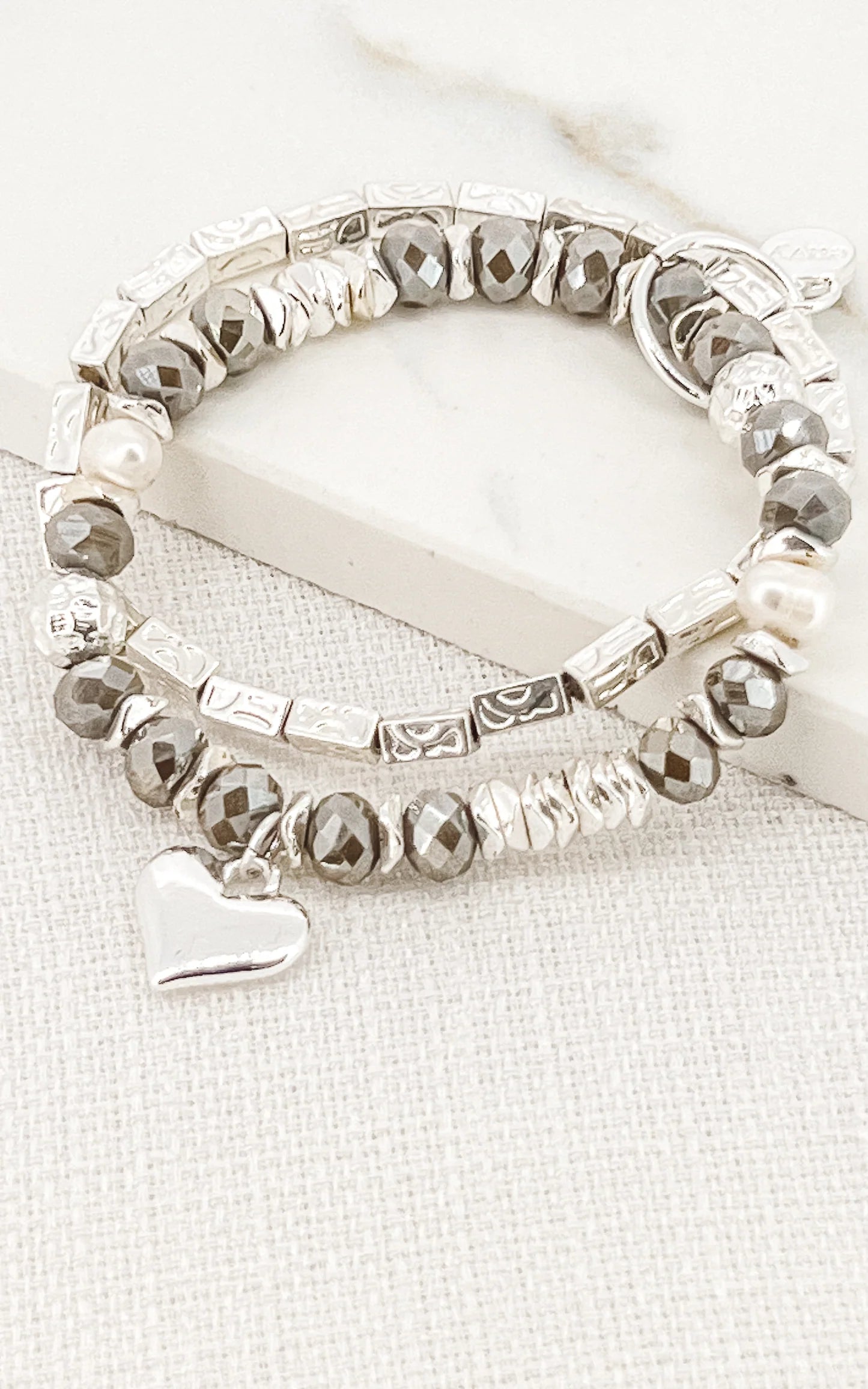 Envy Jewellery Silver and grey double layer stretch bracelet with heart pendant