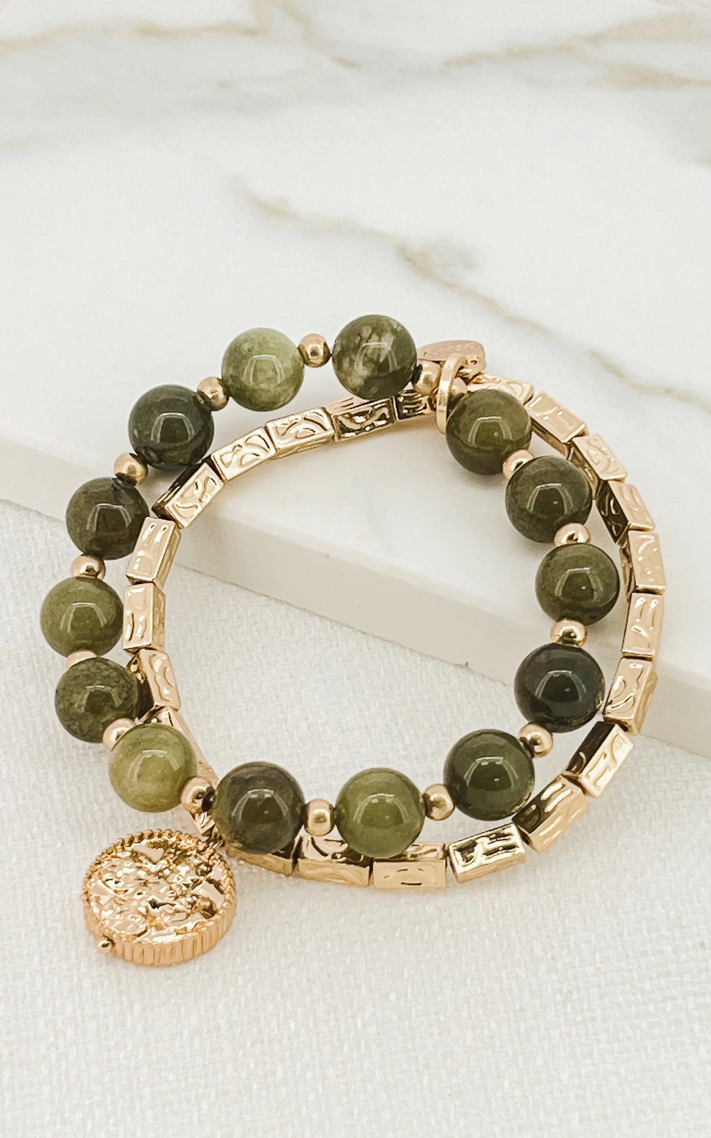 Envy Jewellery Gold double layer bracelet with olive green semi Agate precious beads