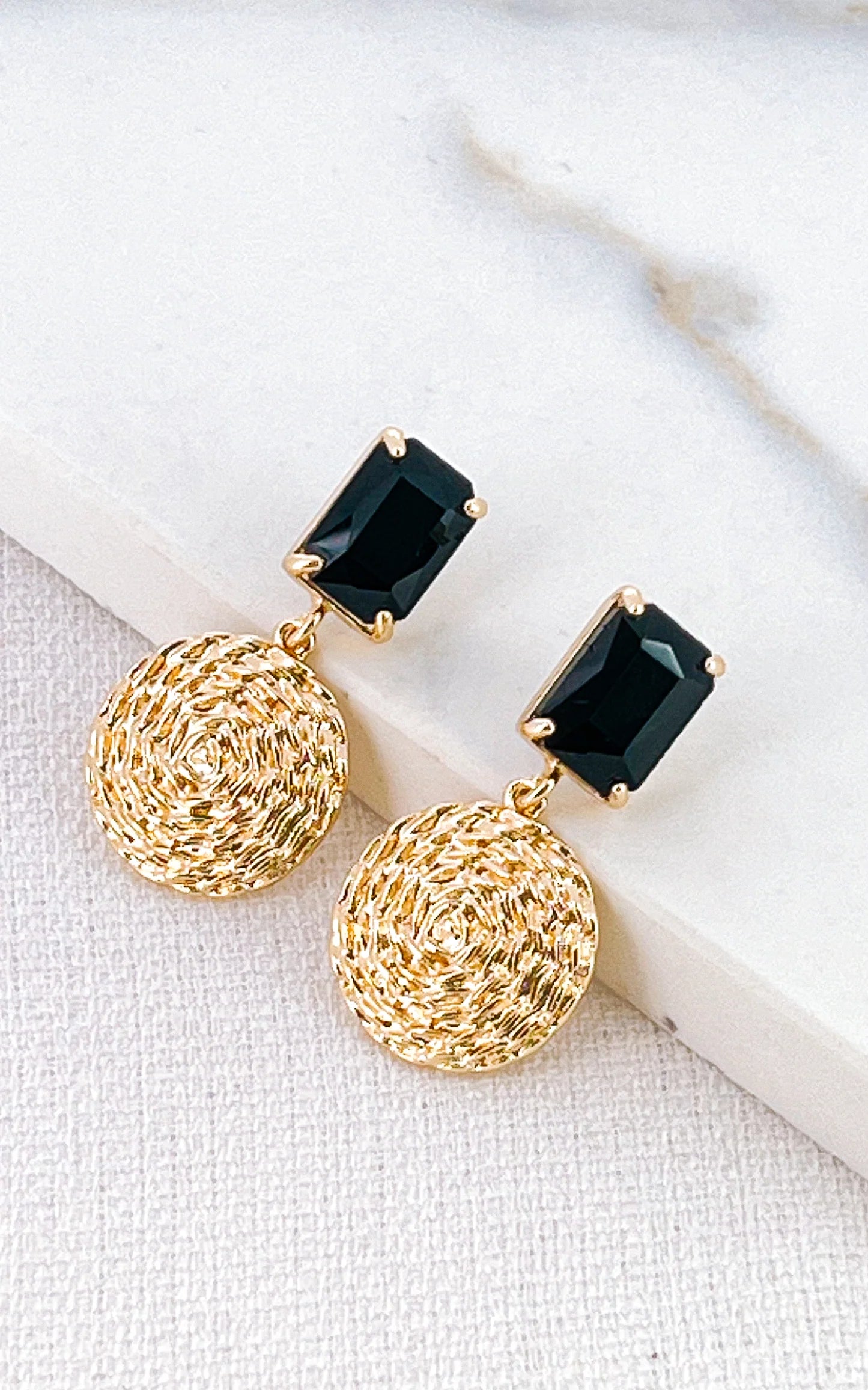 Envy Jewellery Black square crystal with gold filigree coin earrings