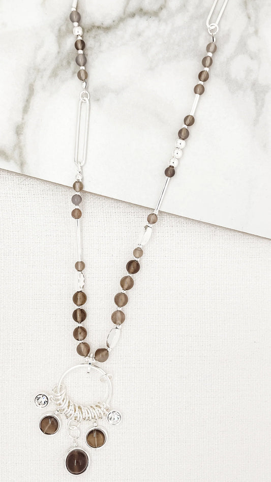 Envy Jewellery Long silver necklace with grey semi precious agate beads and circle pendant