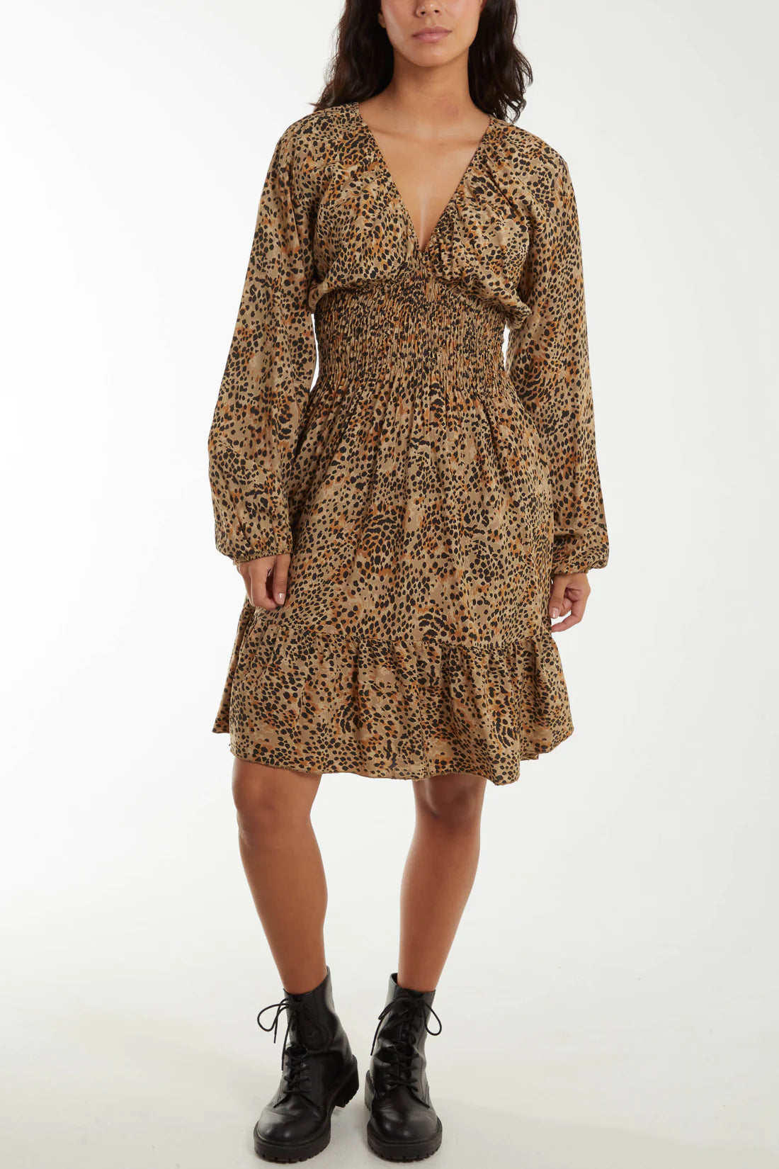 Selina Leopard Print Shirred Waist Midi Dress - Camel
