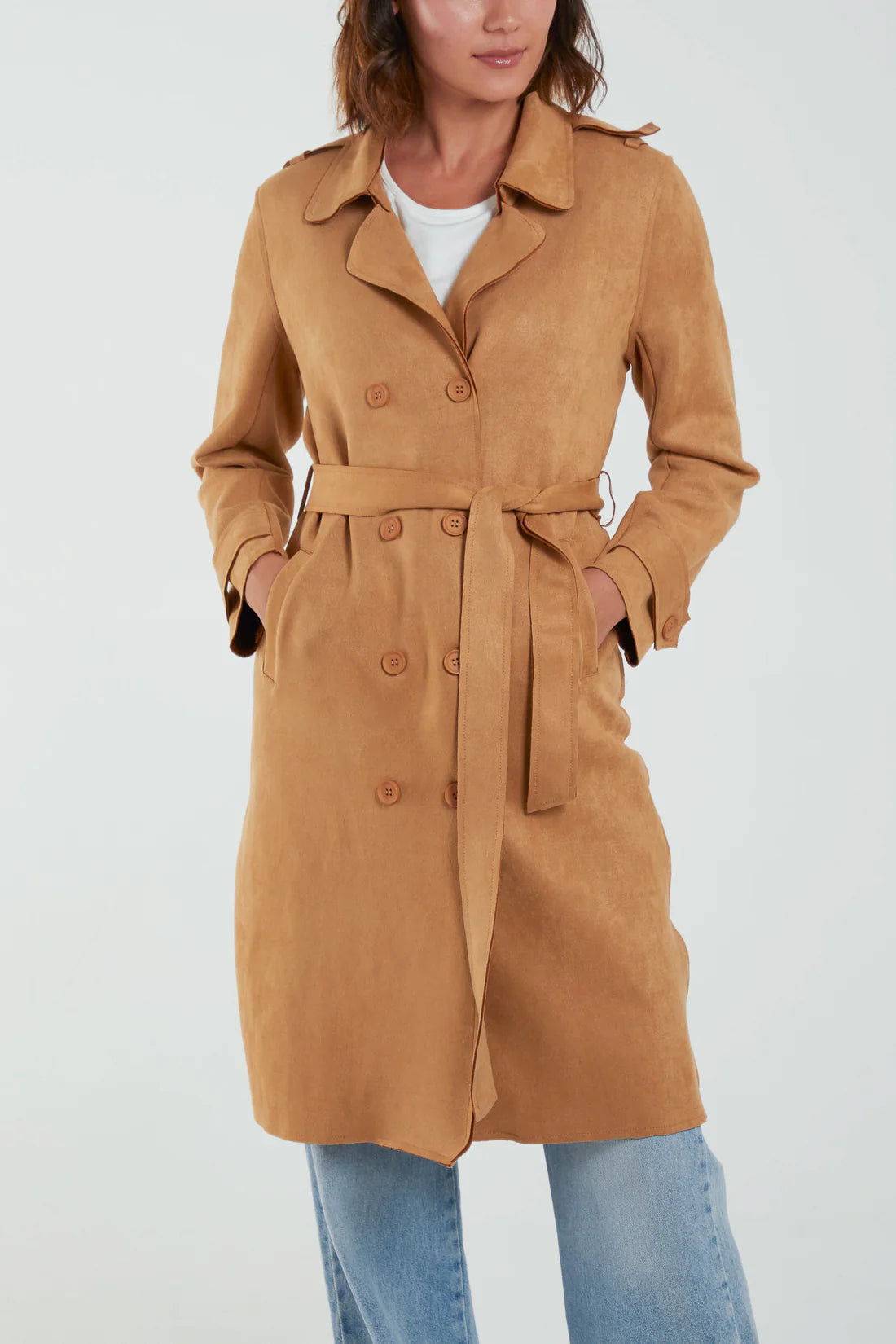 Becca Faux Suede Trench Coat - Light Camel