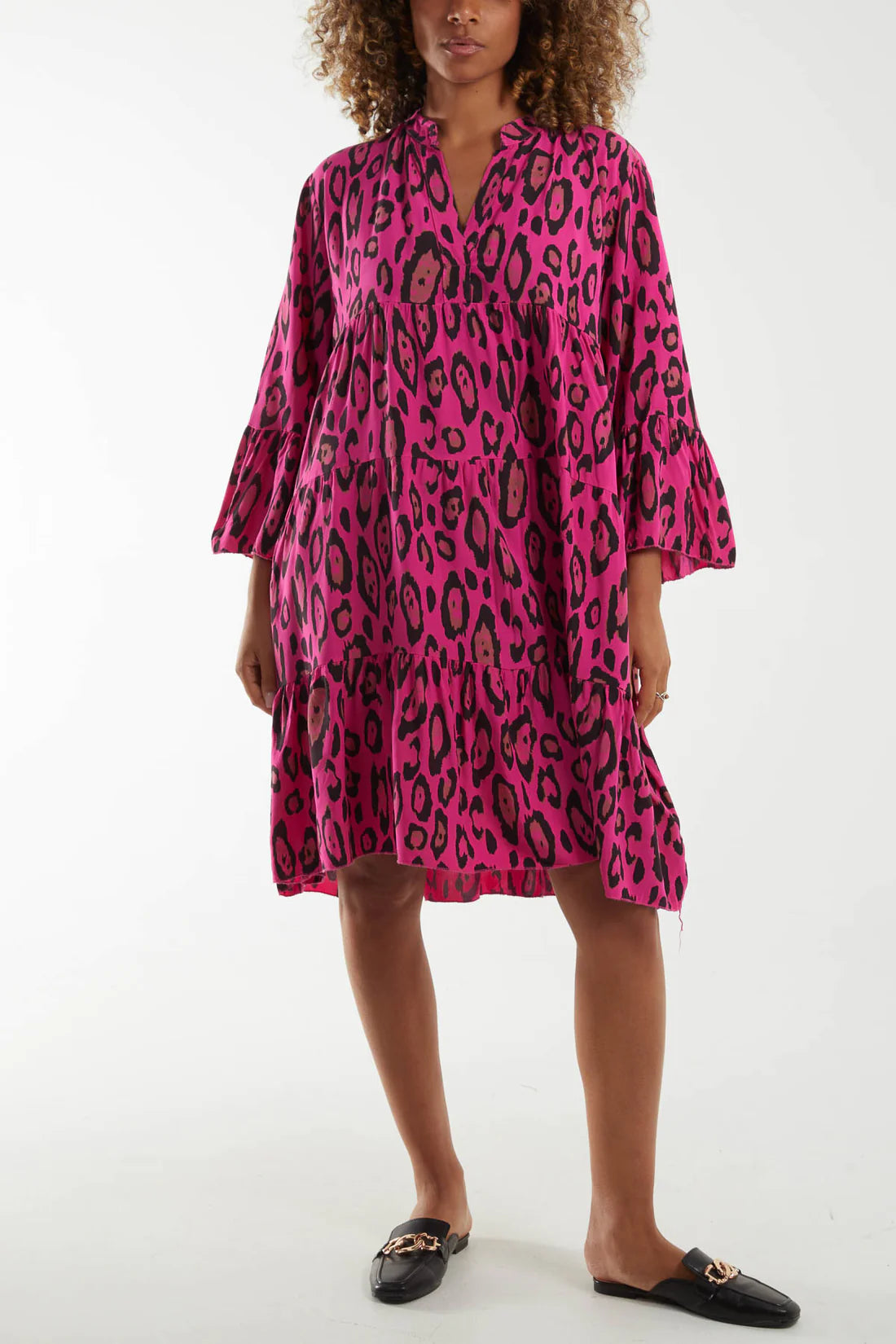 Evie Leopard Print Short Smock Dress - Magenta