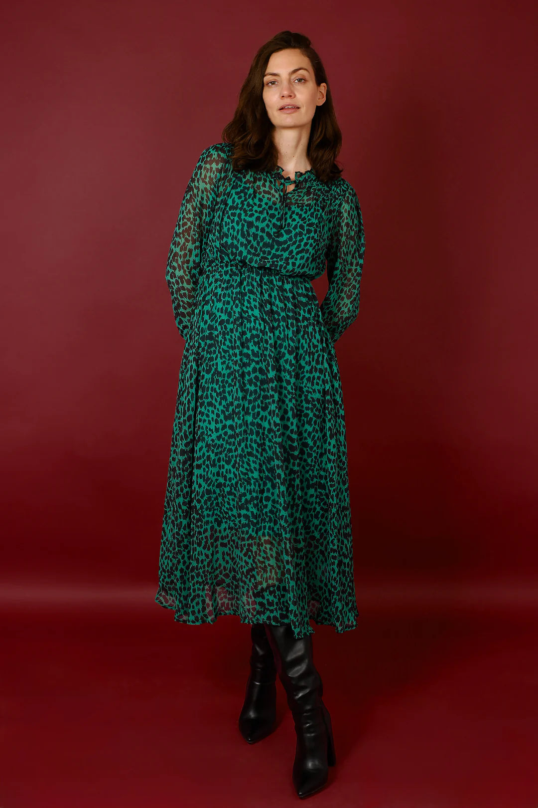 Maddie Green Chiffon Leopard Print Midi Dress