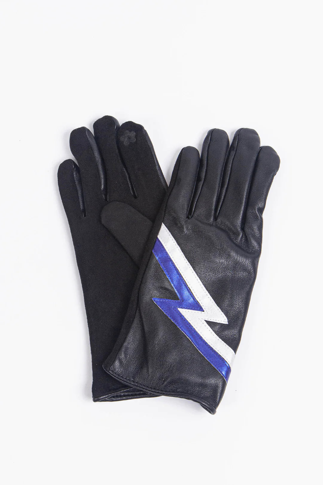 Black Faux Leather Gloves With Metallic Blue Lightning Bolt