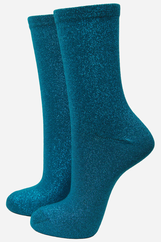 Teal Lurex Glitter Disco Socks
