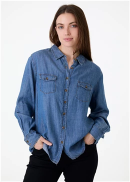 Becky Lyocell & Linen Blend Patch Pocket Denim Shirt