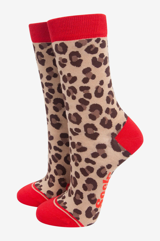 Camel & Red Leopard Print Bamboo Socks