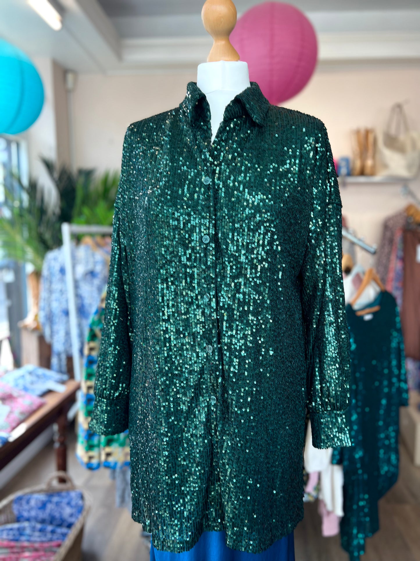 Lola Long Fully Sequinned Shirt - Forest Green