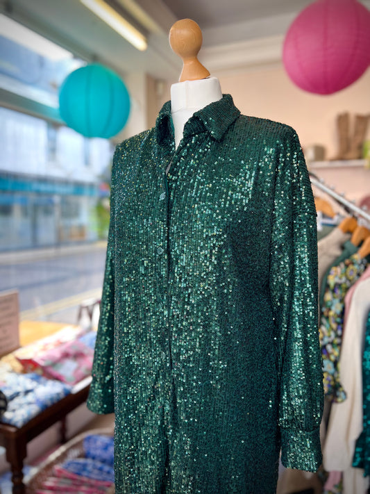 Lola Long Fully Sequinned Shirt - Forest Green