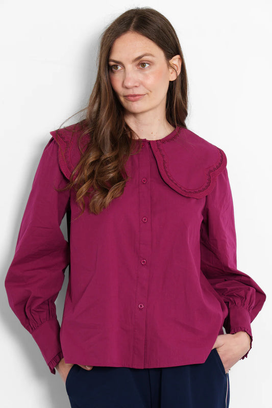 Monique Burgundy Embroidered Pilgrim Collar Blouse