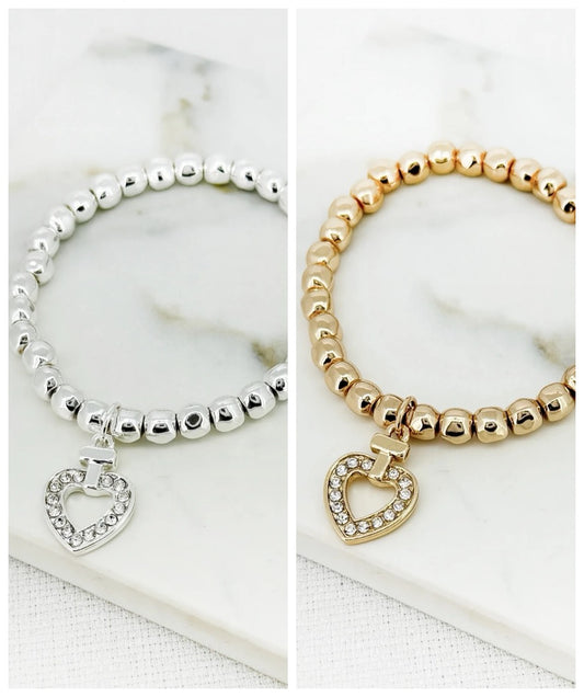 Envy Jewellery Gold Or Silver Stretch Beaded Bracelet With Large Diamanté Heart Charm
