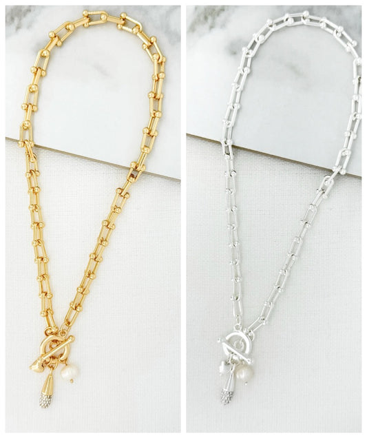 Envy Jewellery Short Chunky Chain Necklace With T Bar And Pearl Charms
