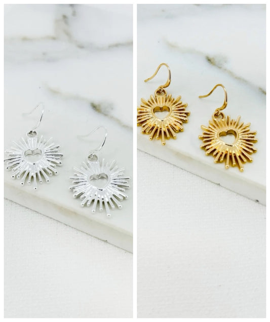 Envy Jewellery Sunburst Heart Dropper Earrings - Silver Or Gold Toned